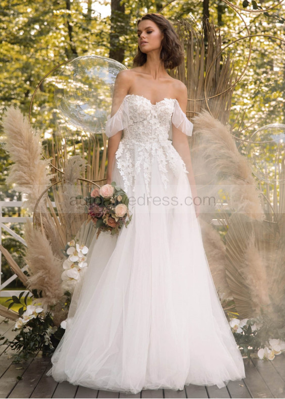 Off Shoulder Beaded Ivory Lace Tulle Floral Wedding Dress